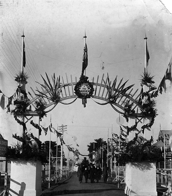 Elaboratley dressed archways, floral displays and festive bunting greeted the Prince of Wales to the Melbourne Showgrounds in 1920
