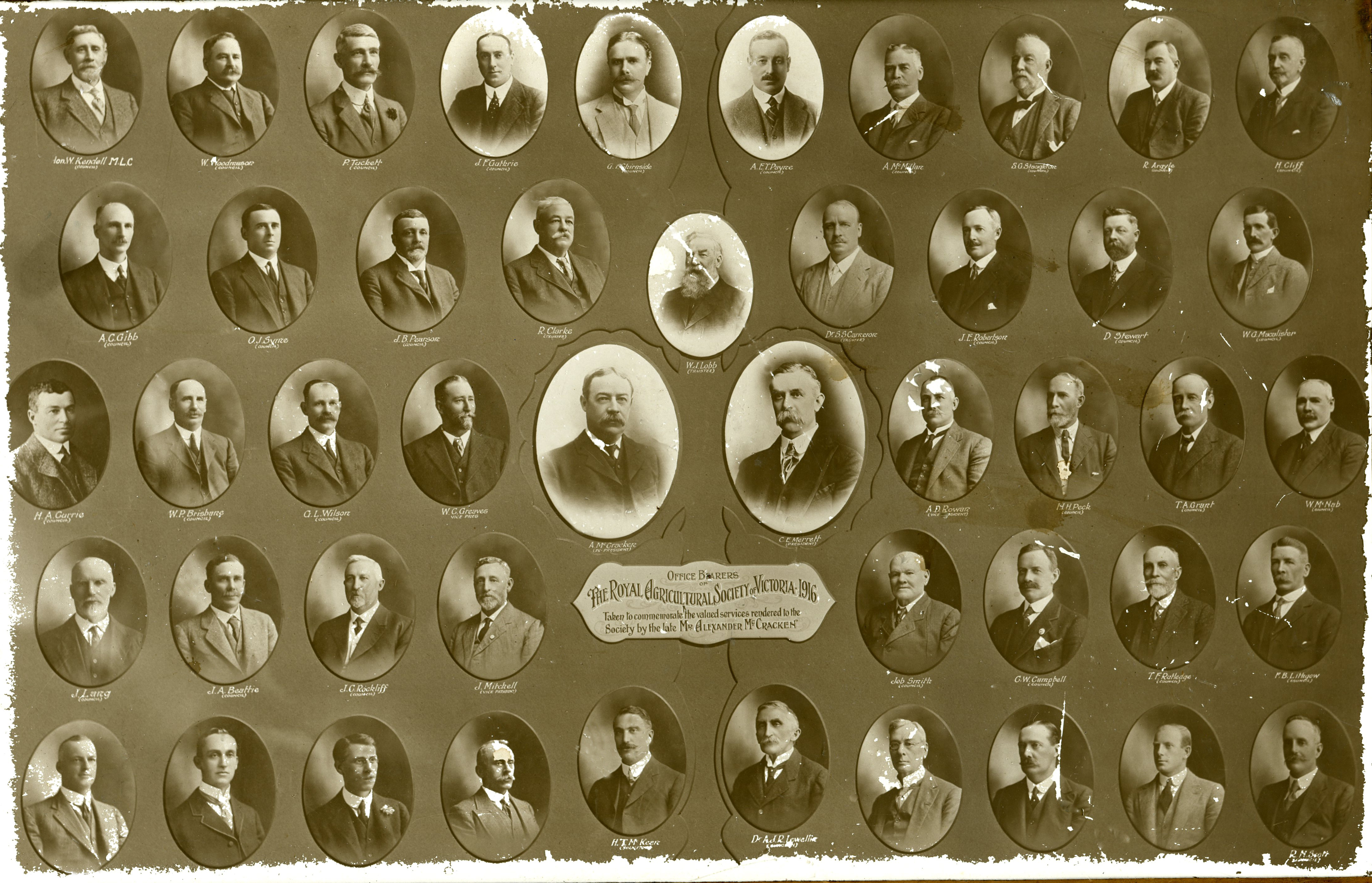 Source: 1916 Office Bearers of the Royal Agricultural Society of Victoria, Melbourne Royal Heritage Collection. George Thomas Chirnside is in the top row, fifth from the left.