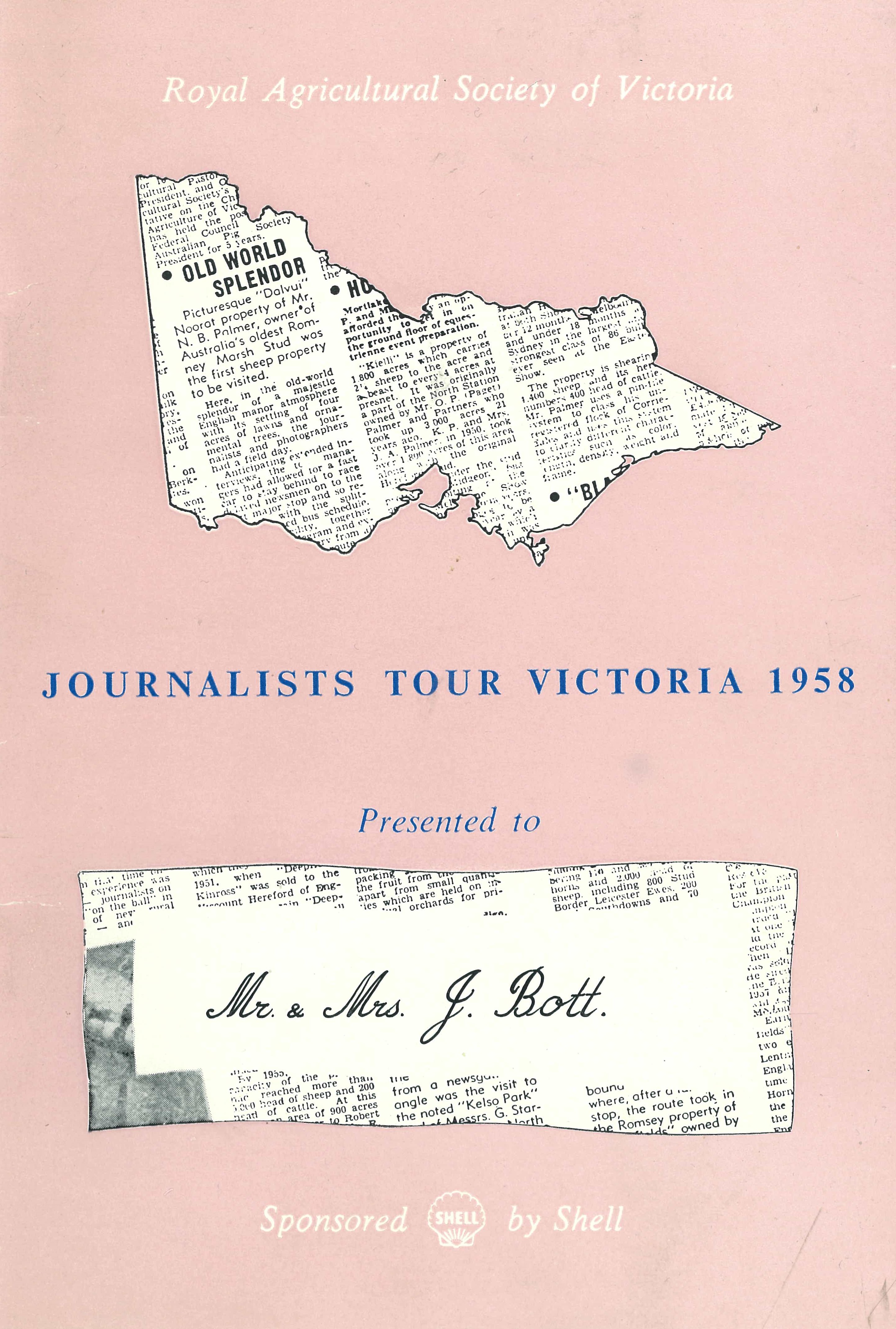 Cover of the summary booklet prepared after the 1958 Shell/RASV Journalists' Tour. Source: Melbourne Royal Heritage Collection.