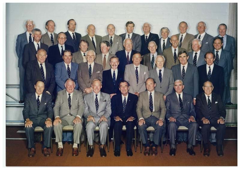 A photo of the Council in 1988. John Fisken is in the lower middle row, fourth from the right (in the light grey suit). Image source: Melbourne Royal Heritage Collection.