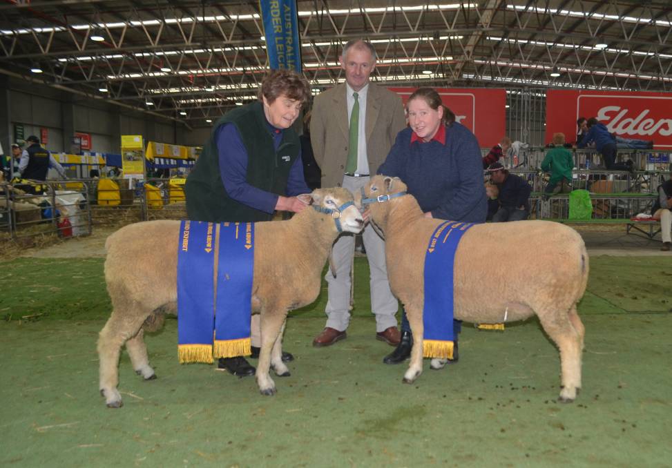 Marilyn Stevens, Halylulya Ryelands, Heywood, with judge James Bond, Cornwall, and Tamsin Bourchier, parading the champion Ryeland ram and ewe. Source - Stock and Land