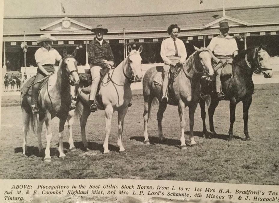 Hazel Bradford (left) winning the Utility Australian Stock Horse Class in the 1960s on Tex.