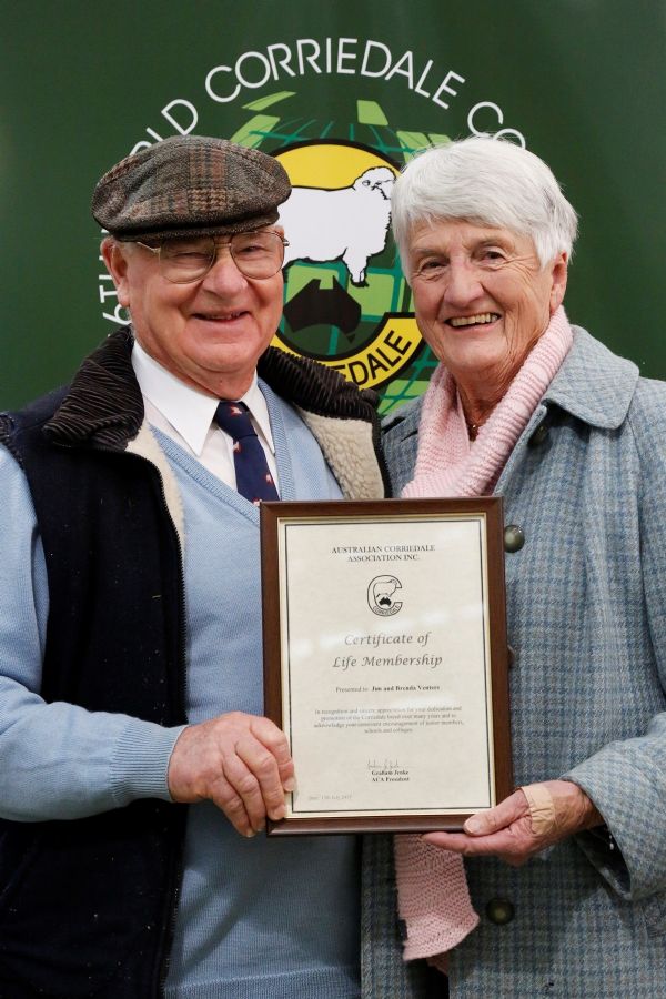 A certificate of Life Membership was presented to Jim & Brenda Venters by The Australian Corriedale Association INC, in recognition and sincere appreciation for their dedication and promotion of the Corriedale breed over many years and to acknowledge their consistent encouragement of junior members, schools and colleges.