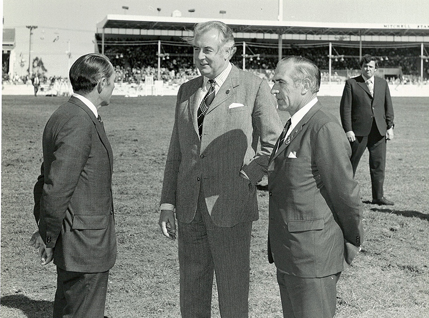 Peter Ronald, Gough Whitlam, and Ray Starritt on the arena, 1973. Image source: Melbourne Royal Heritage Collection.