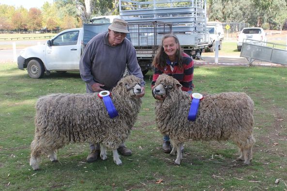 John and Alice Beattie at the Strong Wool Breeders Association Sheep Show in May 2019. Their Esdale Stud won the Champion Lincoln Ram and Champion Lincoln Ewe. Image Source: Australian Lincoln Society Fb Page