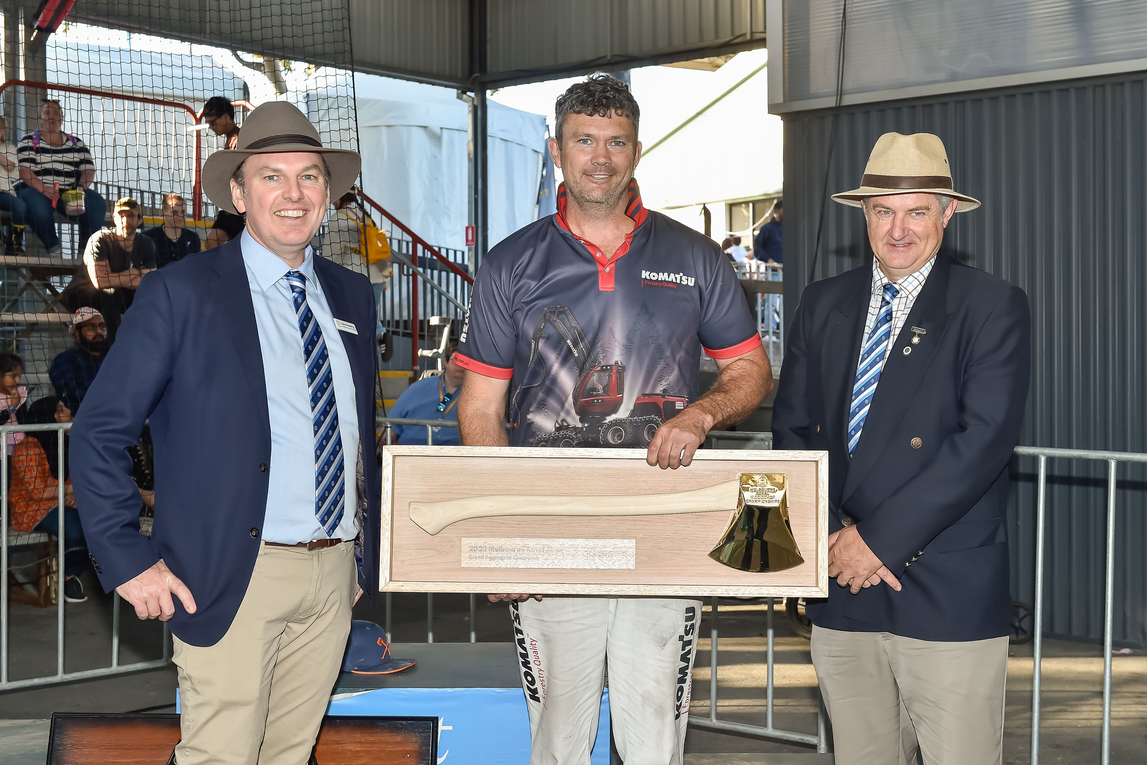 (L-R) Melbourne Royal EGM Agriculture Darren Keating, Golden Axe winner Laurence O'Toole and Melbourne Royal President Matt Coleman.